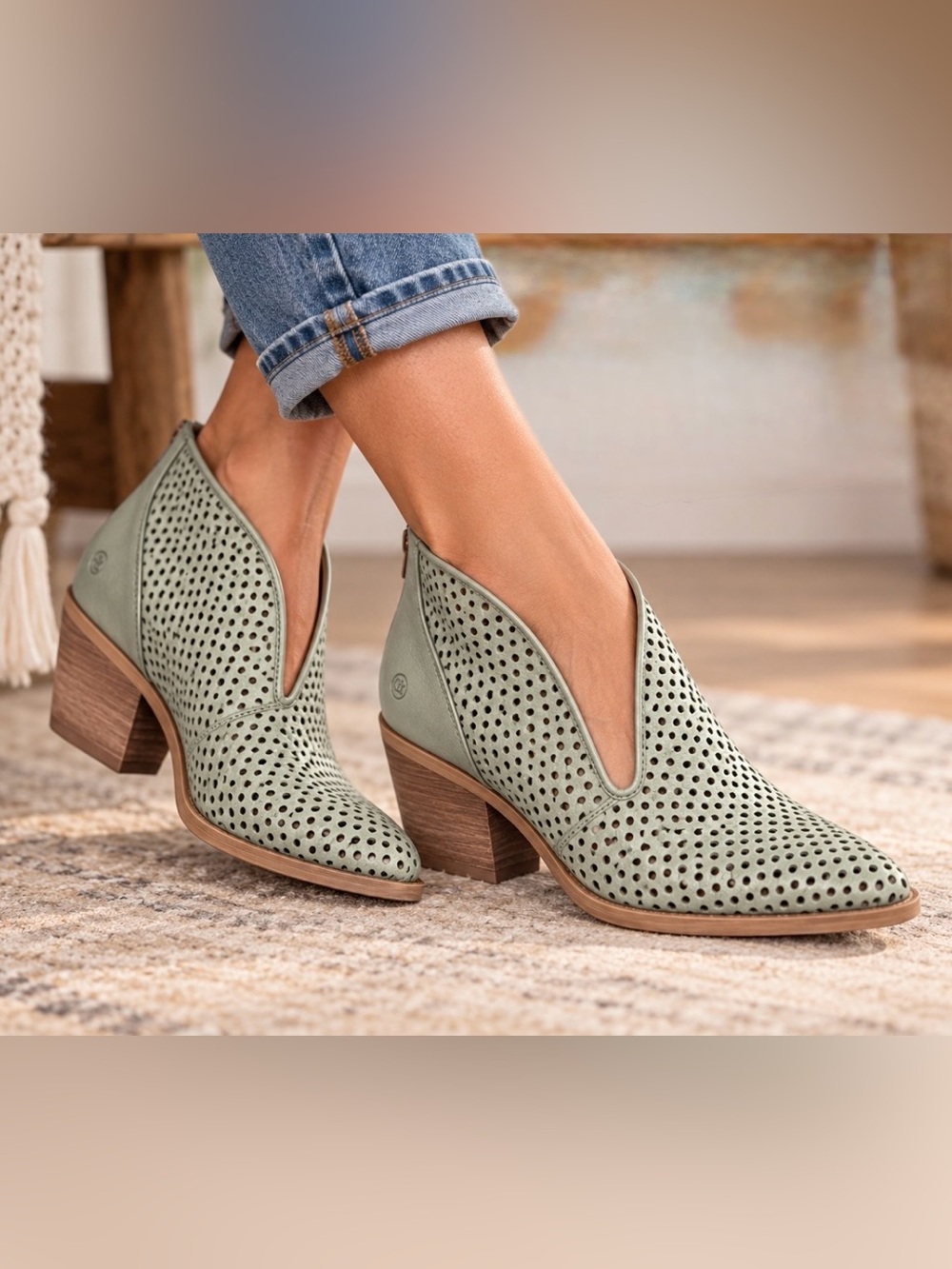 Casta Ravva Sage Green Perforated Leather Pointed Toe Ankle Booties